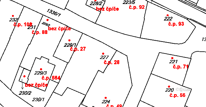 Božkov 28, Plzeň na parcele st. 227 v KÚ Božkov, Katastrální mapa