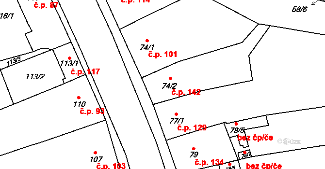 Malešovice 142 na parcele st. 74/2 v KÚ Malešovice, Katastrální mapa