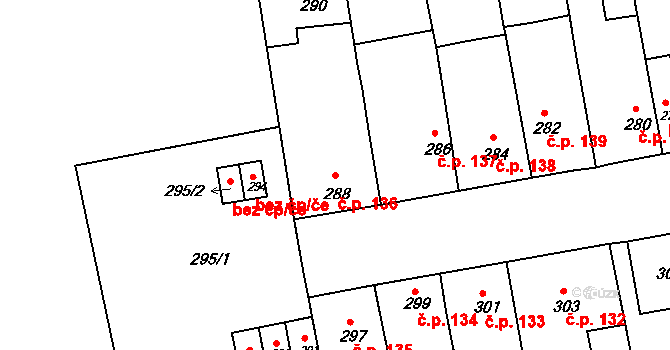 Radostice 136 na parcele st. 288 v KÚ Radostice u Brna, Katastrální mapa