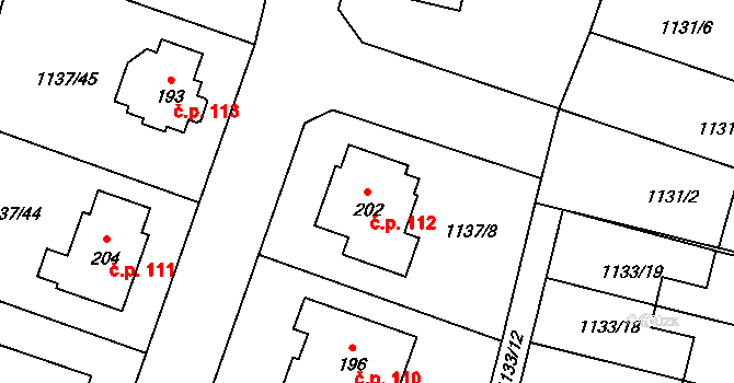Dynín 112 na parcele st. 202 v KÚ Dynín, Katastrální mapa