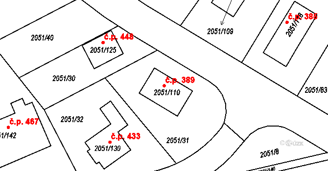 Strkov 389, Planá nad Lužnicí na parcele st. 2051/110 v KÚ Planá nad Lužnicí, Katastrální mapa