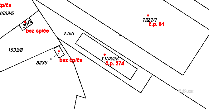 Nádražní Předměstí 274, Český Krumlov na parcele st. 1103/28 v KÚ Český Krumlov, Katastrální mapa