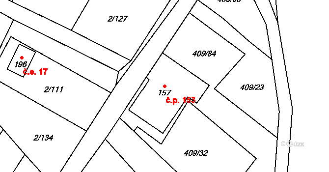 Studánka 153, Hranice na parcele st. 157 v KÚ Studánka u Aše, Katastrální mapa