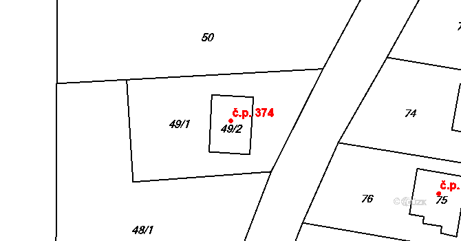 Zádveřice 374, Zádveřice-Raková na parcele st. 49/2 v KÚ Zádveřice, Katastrální mapa