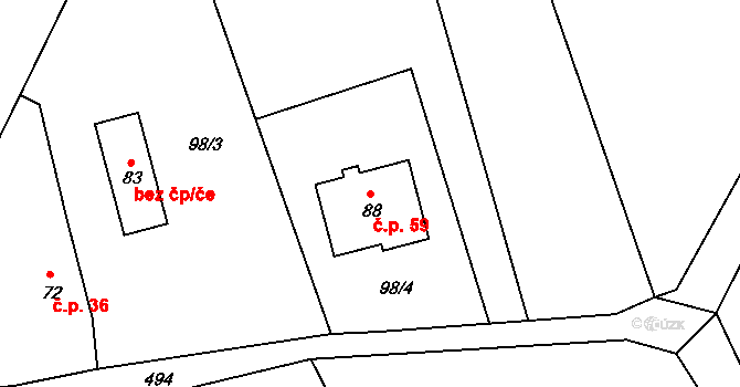 Hrádek 59 na parcele st. 88 v KÚ Hrádek u Nechanic, Katastrální mapa