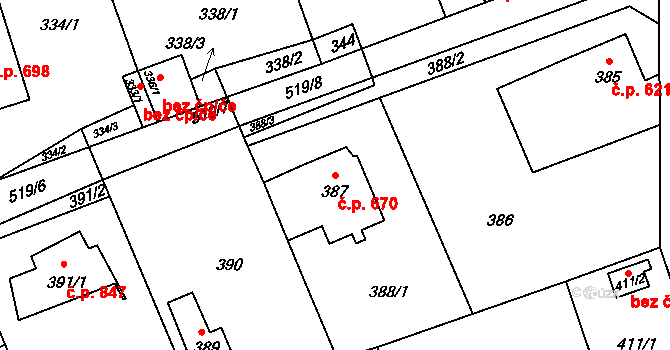 Libčice nad Vltavou 670 na parcele st. 387 v KÚ Chýnov, Katastrální mapa