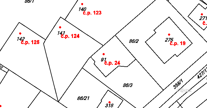 Ráby 24 na parcele st. 91 v KÚ Ráby, Katastrální mapa
