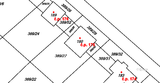 Hrušovany 175 na parcele st. 180 v KÚ Hrušovany u Chomutova, Katastrální mapa