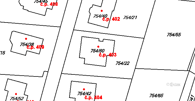 Srubec 403 na parcele st. 754/60 v KÚ Srubec, Katastrální mapa