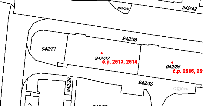 Louny 2513,2514 na parcele st. 942/32 v KÚ Louny, Katastrální mapa