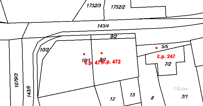 Hlohovec 472 na parcele st. 9/1 v KÚ Hlohovec, Katastrální mapa