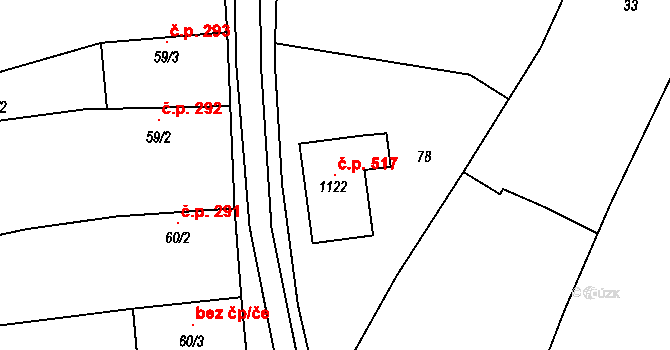 Božice 517 na parcele st. 1122 v KÚ České Křídlovice, Katastrální mapa