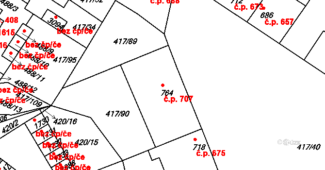 Bystřice pod Hostýnem 707 na parcele st. 764 v KÚ Bystřice pod Hostýnem, Katastrální mapa