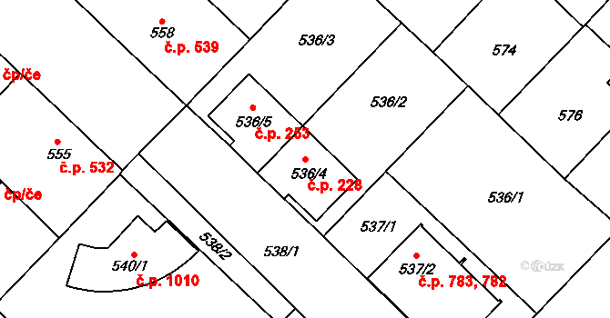 Lužice 228 na parcele st. 536/4 v KÚ Lužice u Hodonína, Katastrální mapa