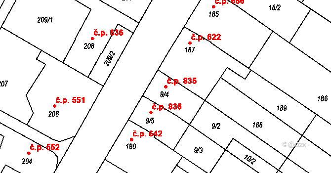 Lužice 835 na parcele st. 9/4 v KÚ Lužice u Hodonína, Katastrální mapa