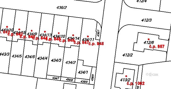 Kosmonosy 848 na parcele st. 434/11 v KÚ Kosmonosy, Katastrální mapa