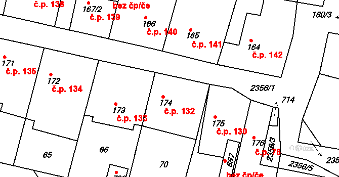 Hudlice 132 na parcele st. 174 v KÚ Hudlice, Katastrální mapa