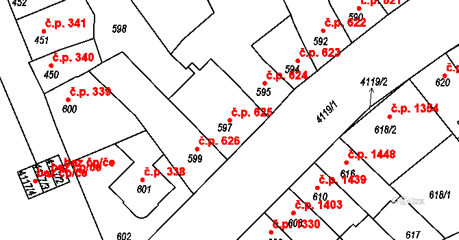 Roudnice nad Labem 625 na parcele st. 597 v KÚ Roudnice nad Labem, Katastrální mapa