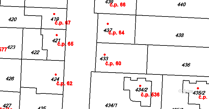 Mostkovice 60 na parcele st. 433 v KÚ Mostkovice, Katastrální mapa