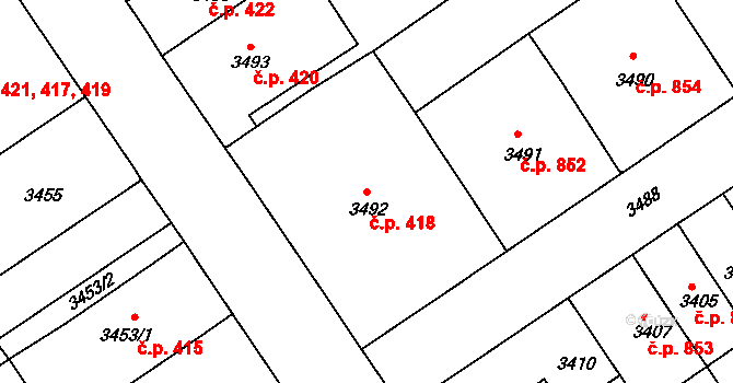 Černá Pole 418, Brno na parcele st. 3492 v KÚ Černá Pole, Katastrální mapa