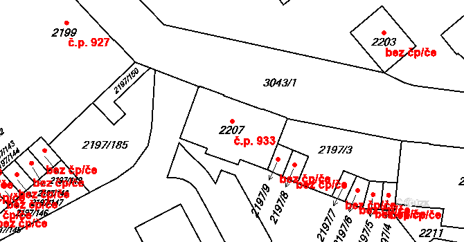 Místek 933, Frýdek-Místek na parcele st. 2207 v KÚ Místek, Katastrální mapa