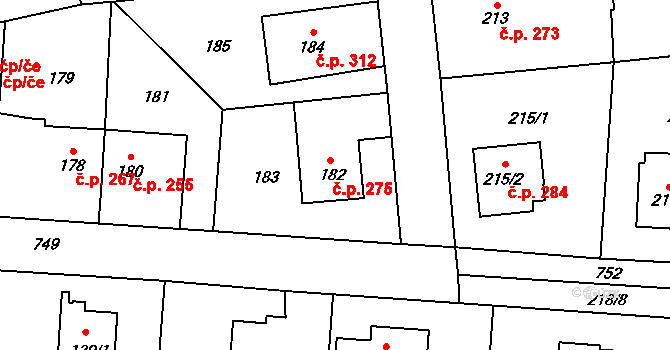 Dolní Měcholupy 275, Praha na parcele st. 182 v KÚ Dolní Měcholupy, Katastrální mapa