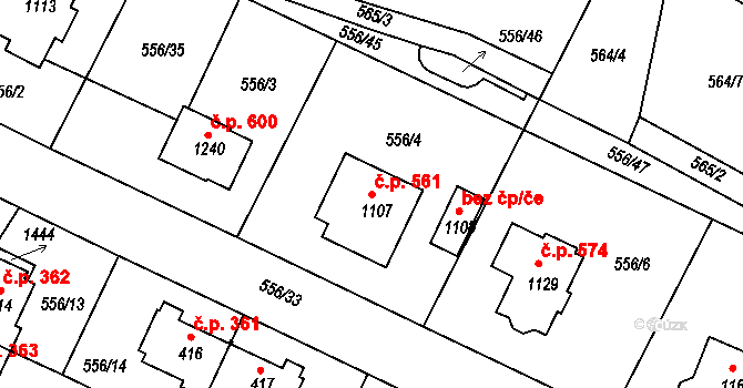 Kaznějov 561 na parcele st. 1107 v KÚ Kaznějov, Katastrální mapa