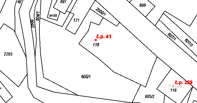 Dubenec 41 na parcele st. 118 v KÚ Dubenec, Katastrální mapa