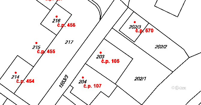 Zbýšov 105 na parcele st. 203 v KÚ Zbýšov u Oslavan, Katastrální mapa