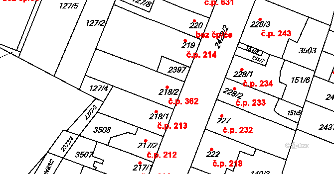 Rosice 362 na parcele st. 218/2 v KÚ Rosice u Brna, Katastrální mapa