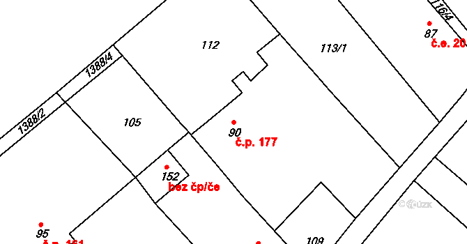 Brocno 177, Štětí na parcele st. 90 v KÚ Brocno, Katastrální mapa