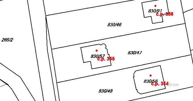 Srubec 355 na parcele st. 830/57 v KÚ Srubec, Katastrální mapa