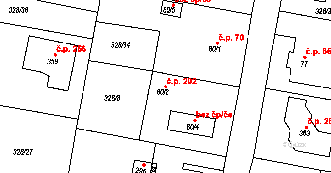 Okrouhlice 202 na parcele st. 80/2 v KÚ Okrouhlice, Katastrální mapa