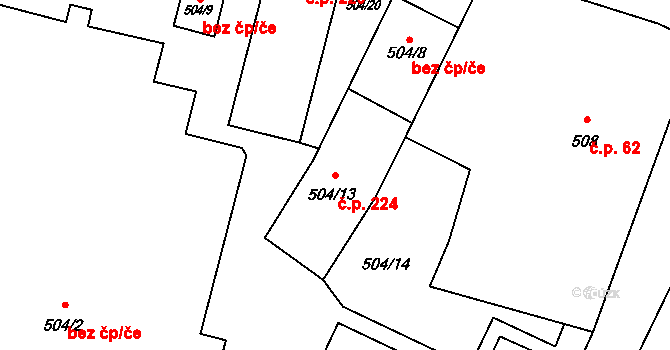 Fulnek 224 na parcele st. 504/13 v KÚ Fulnek, Katastrální mapa