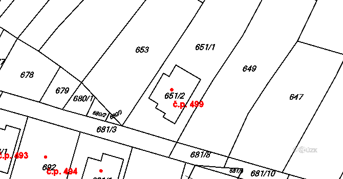Bylnice 499, Brumov-Bylnice na parcele st. 651/2 v KÚ Bylnice, Katastrální mapa