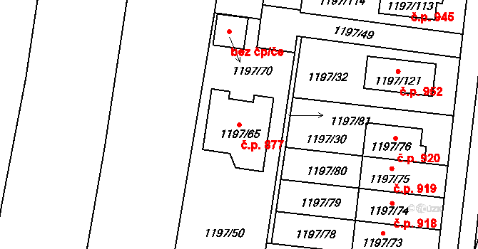 Vejprnice 877 na parcele st. 1197/65 v KÚ Vejprnice, Katastrální mapa
