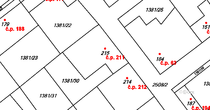 Předín 211 na parcele st. 215 v KÚ Předín, Katastrální mapa