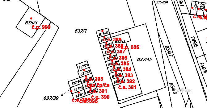 Bučovice 386 na parcele st. 637/30 v KÚ Bučovice, Katastrální mapa
