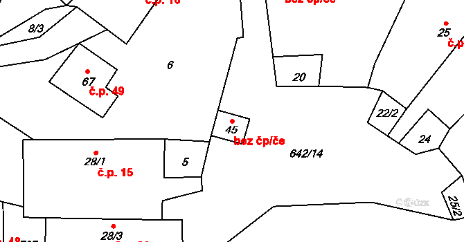Lípa 47263407 na parcele st. 45 v KÚ Petrkov, Katastrální mapa
