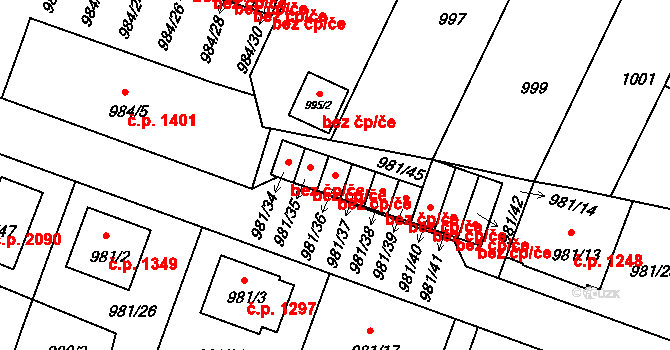 Benešov 49132407 na parcele st. 981/36 v KÚ Benešov u Prahy, Katastrální mapa