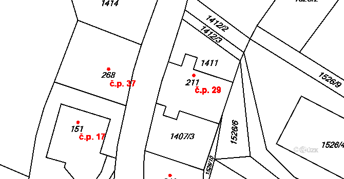 Kvasín 29, Tisovec na parcele st. 211 v KÚ Kvasín, Katastrální mapa