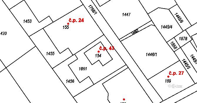 Josefovice 43, Hrabyně na parcele st. 154 v KÚ Hrabyně, Katastrální mapa