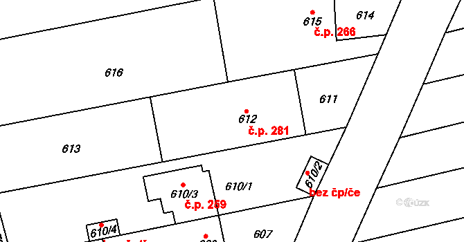 Velešovice 281 na parcele st. 612 v KÚ Velešovice, Katastrální mapa