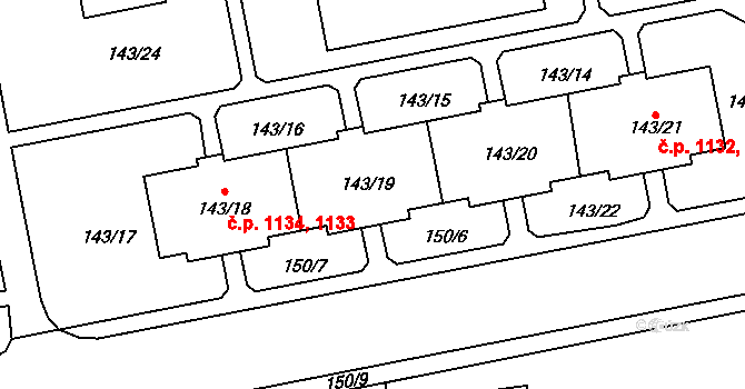 Nýřany 1133,1134 na parcele st. 143/18 v KÚ Nýřany, Katastrální mapa