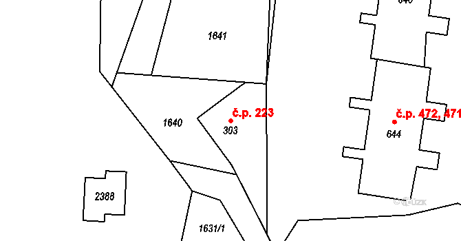 Hanušovice 223 na parcele st. 303 v KÚ Hanušovice, Katastrální mapa