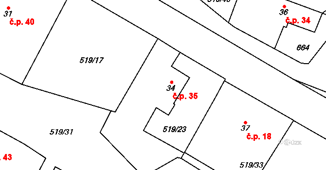 Chmelná 35, Sušice na parcele st. 34 v KÚ Velká Chmelná, Katastrální mapa