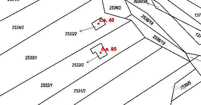 Štramberk 90 na parcele st. 2532/2 v KÚ Štramberk, Katastrální mapa