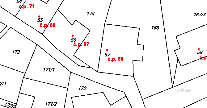 Krušovice 66 na parcele st. 57 v KÚ Krušovice, Katastrální mapa