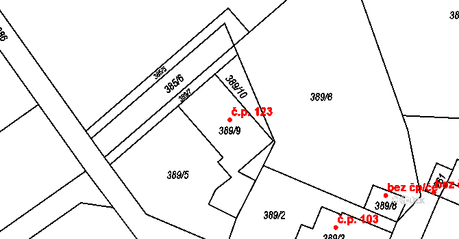 Čechovice 123, Velký Týnec na parcele st. 389/9 v KÚ Čechovice, Katastrální mapa