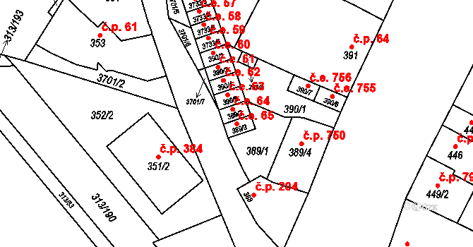 Vyškov-Předměstí 65, Vyškov na parcele st. 389/3 v KÚ Vyškov, Katastrální mapa
